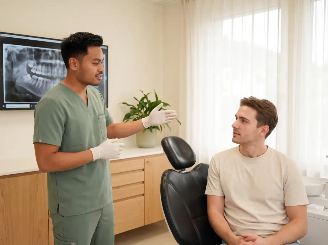 Un médecin-dentiste explique à un patient la position d'une dent de sagesse sur une radiographie panoramique affichée à l'écran.