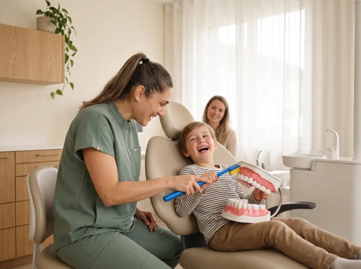 Une hygiéniste dentaire montre à un enfant rieur comment se brosser les dents avec une grande brosse et une maquette de mâchoire.