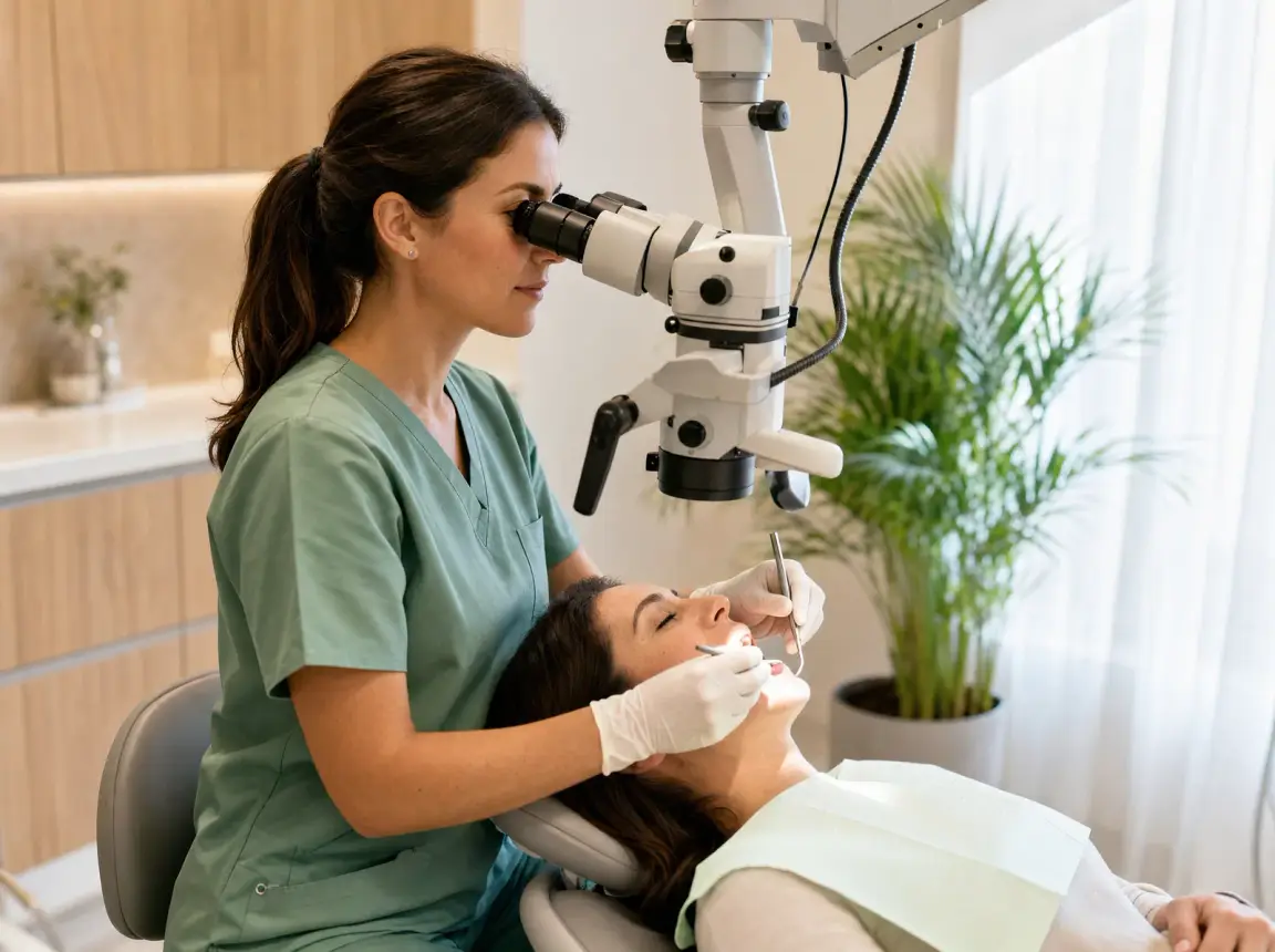 Une médecin-dentiste en blouse vert eucalyptus observe la dent d'une patiente à travers un microscope opératoire, dans une salle de soins lumineuse.