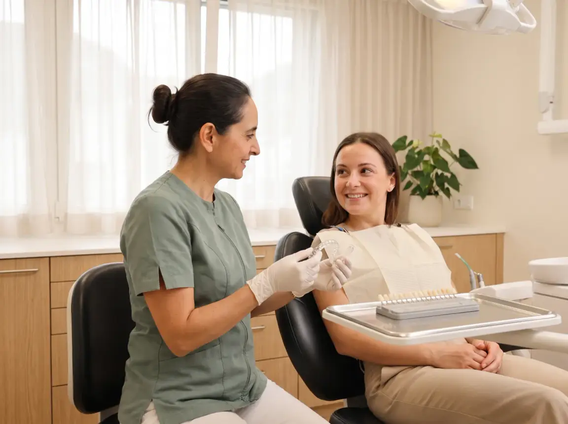 Une médecin-dentiste présente des gouttières de blanchiment sur mesure à une patiente souriante installée dans le fauteuil.