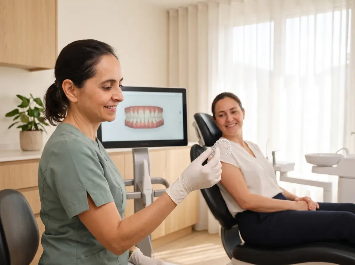 Une orthodontiste présente un aligneur transparent à une patiente souriante installée dans le fauteuil, devant un écran affichant la simulation 3D de ses arcades dentaires.