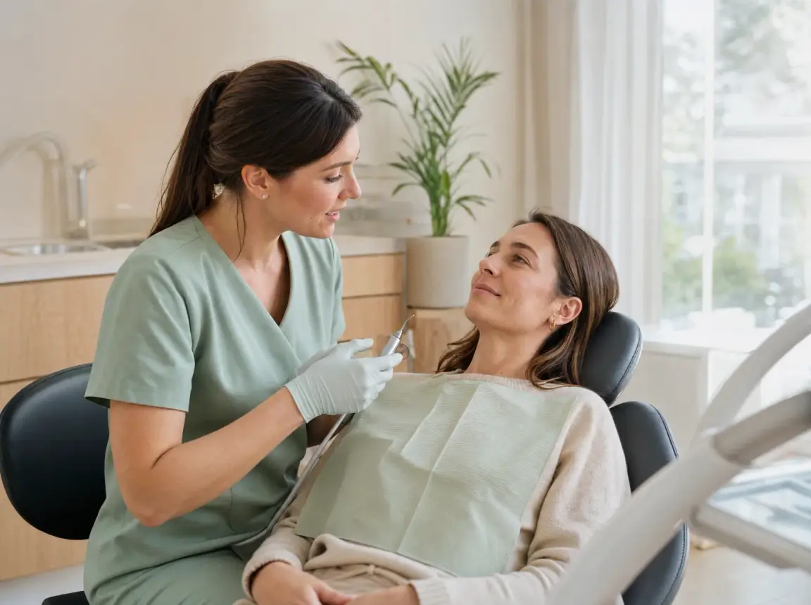 Une hygiéniste dentaire réalise un détartrage doux chez une patiente installée dans le fauteuil, dans une salle de soins lumineuse.