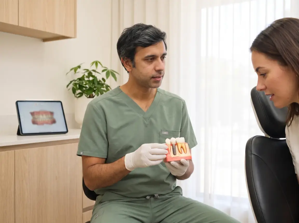 Un médecin-dentiste montre à une patiente un modèle anatomique d'implant en titane surmonté d'une couronne céramique.