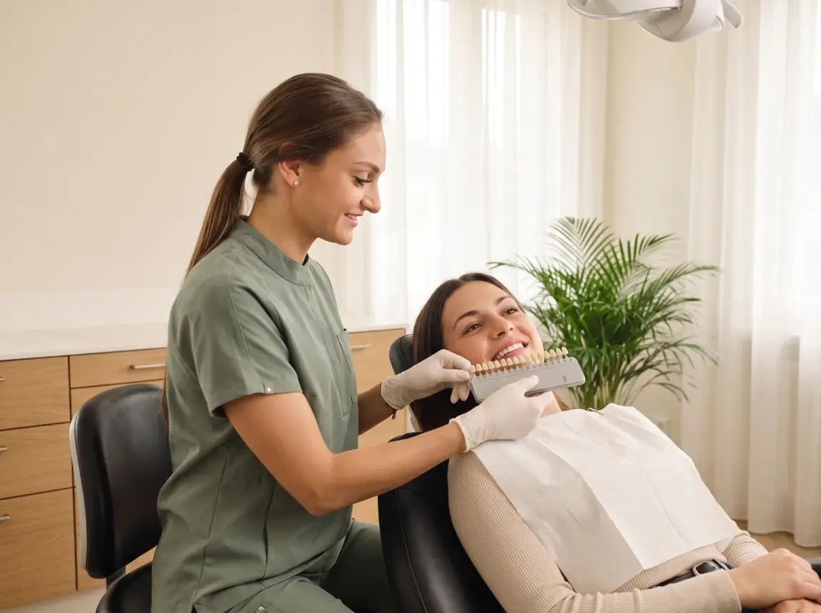 La Dre Cécile Bonvin choisit la teinte du composite à l'aide d'un teintier, à côté d'une patiente souriante installée dans le fauteuil.