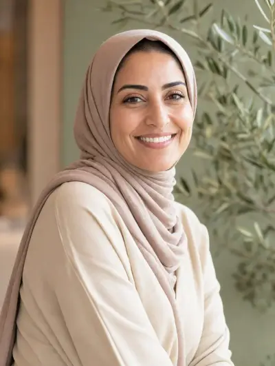 Femme au sourire chaleureux portant un foulard